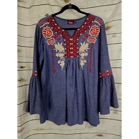 Avani Del Armour Embroidered Knit Top L Blue Slub 100% Cotton Bell Sleeve - Picture 1 of 6